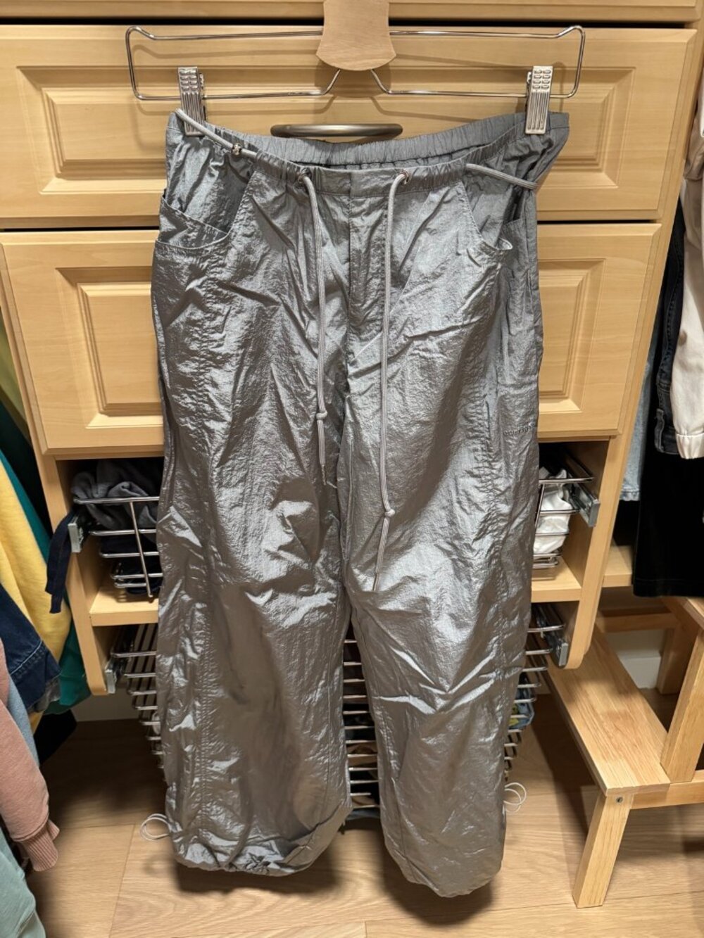 Silver Metallic Parachute Pants — Size S